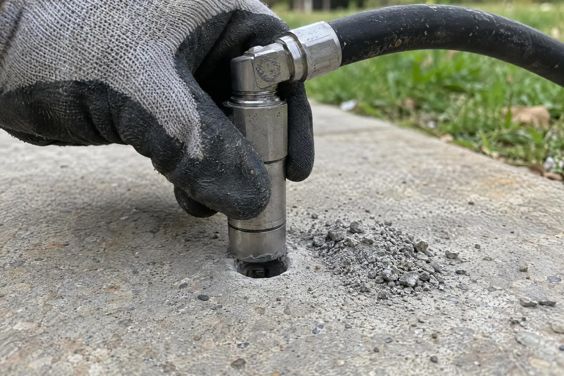 A gloved hand holding an injection port over a small drilled hole in a concrete slab, with concrete dust beside it