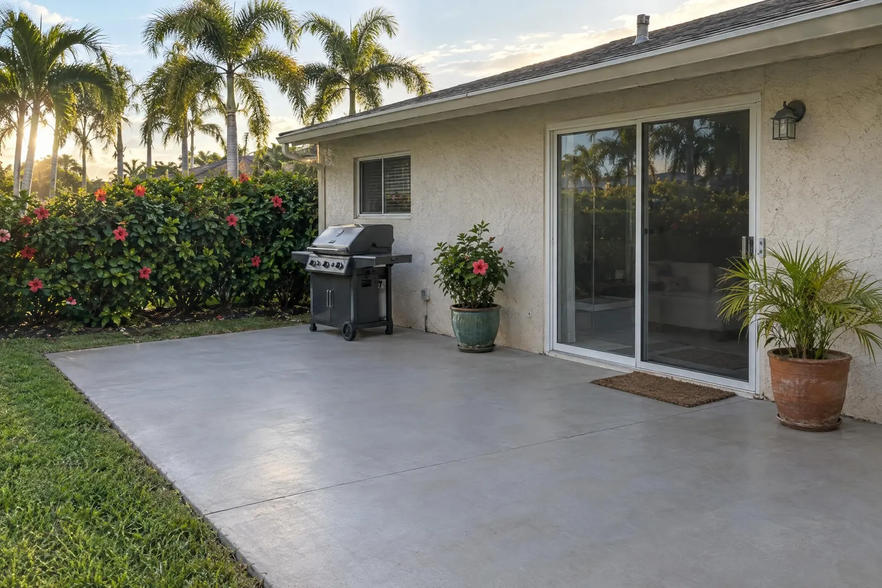 A level concrete patio beside a stucco house with palms, a gas grill and potted plants