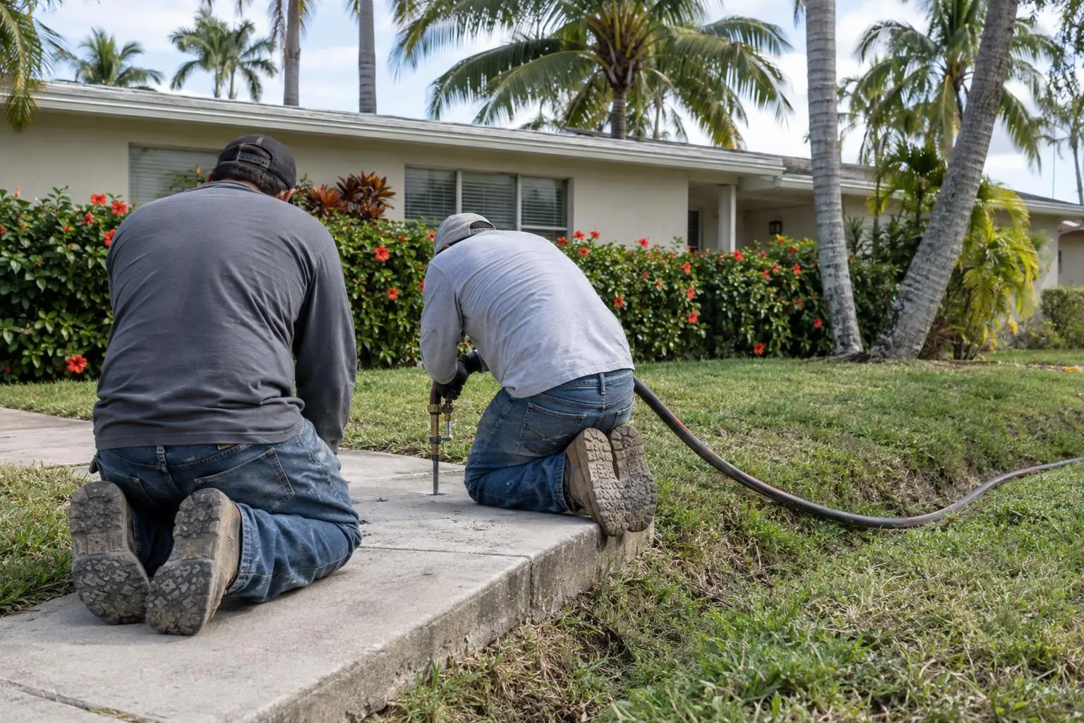 Workers at a raised sidewalk panel with an injection hose and a small drilled hole