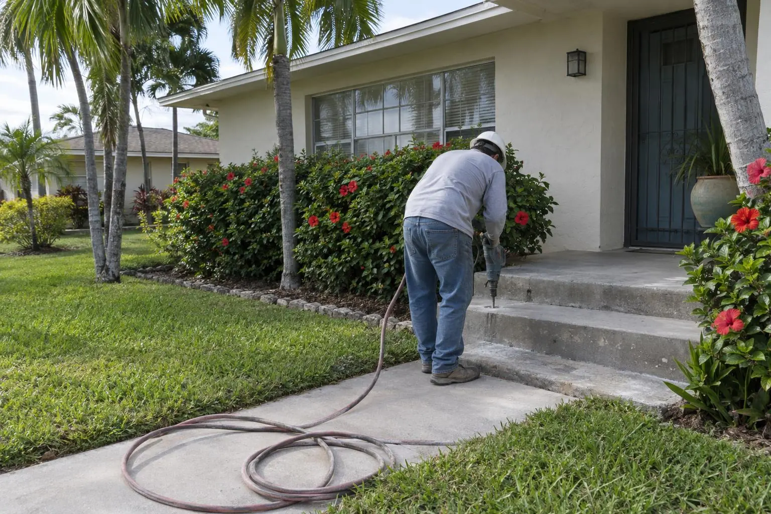A worker drilling a small hole in a sunken concrete front step